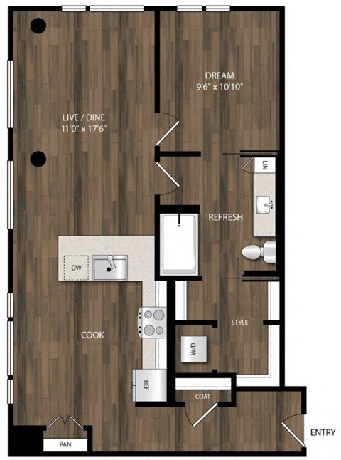 Floor plan for 1 bed, 1 bath, 839 sqft